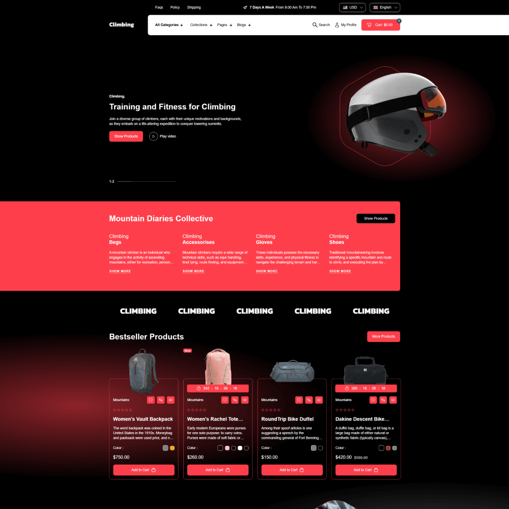 Tema Shopify Clean Store Climbing para lojas de equipamentos e acessórios de escalada