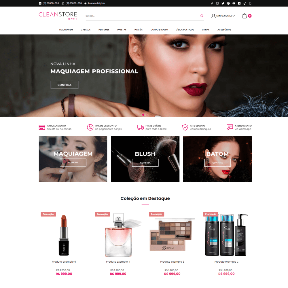Tema Clean Store Beauty para Shopify com design clean e elegante para lojas de cosméticos e beleza