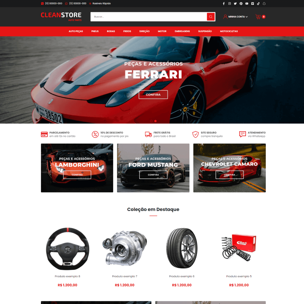 Layout Shopify para loja de autopeças com design limpo e navegação intuitiva