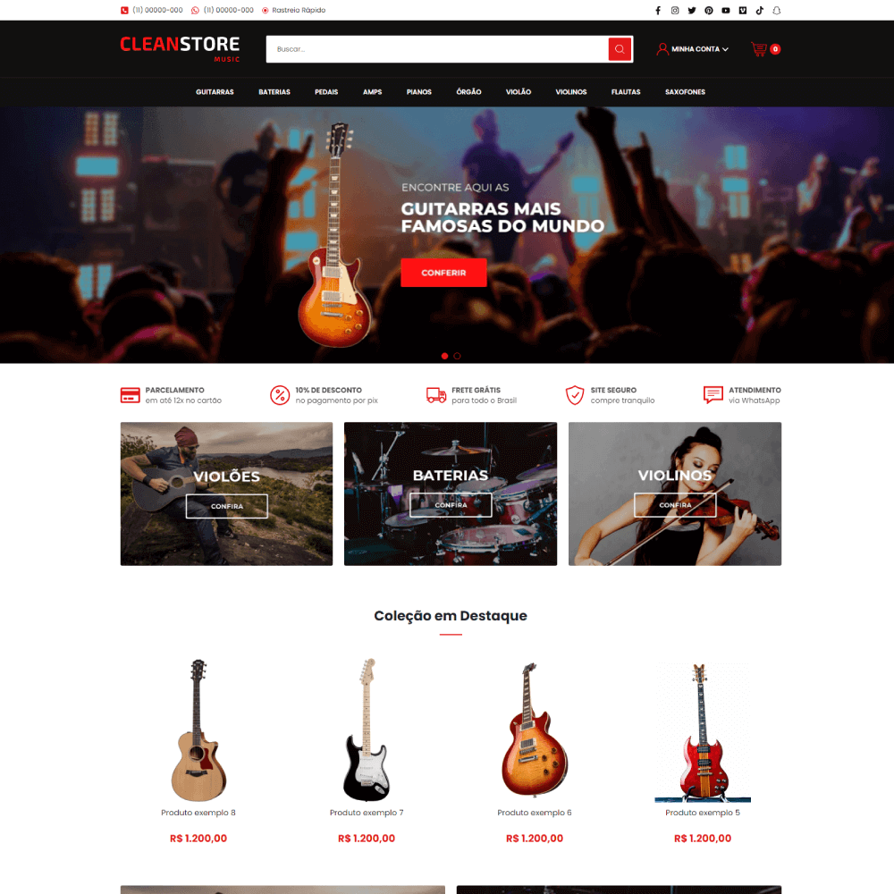 Temas Shopify com design limpo e funcional para lojas de instrumentos e produtos musicais