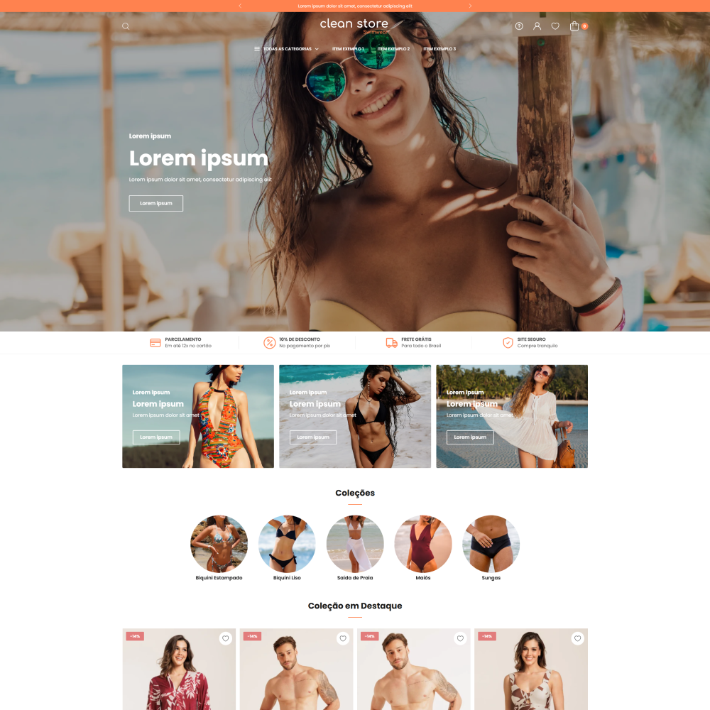 Tema Shopify Clean Store Swimwear para lojas de moda praia com design limpo e moderno