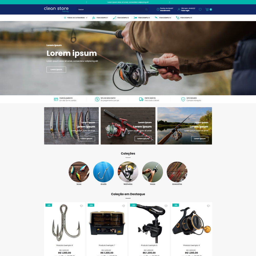 Tema Shopify Clean Store Fishing para lojas de pesca com design limpo e focado em experiência do usuário