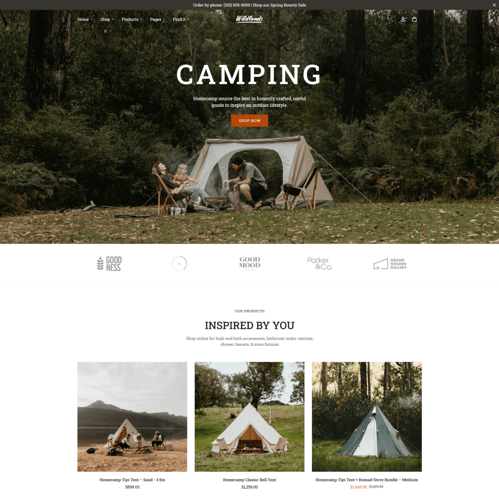Tema Nuvemshop Clean Store Camping para lojas de equipamentos e acessórios de camping e atividades ao ar livre