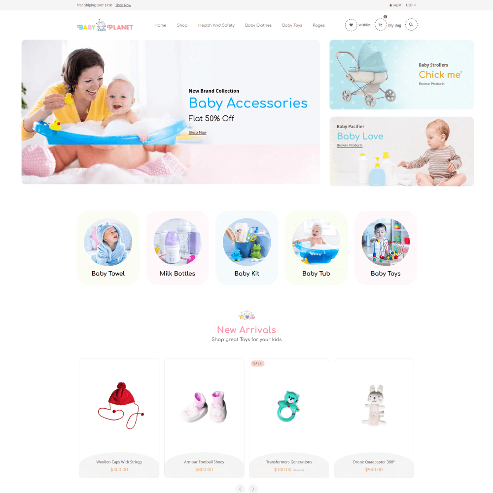 Tema Nuvemshop Clean Store Baby Shower com design limpo e delicado para lojas de festa de chá de bebê