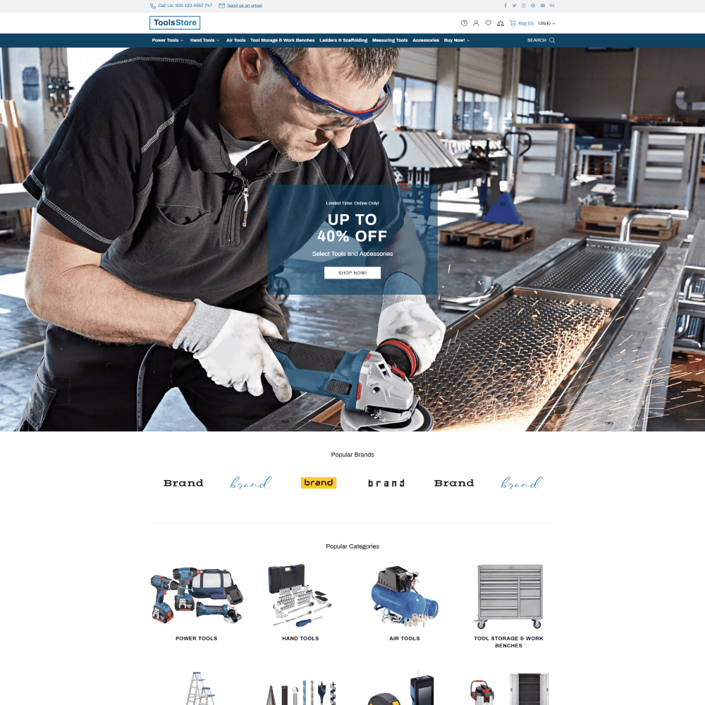 Tema Nuvemshop para lojas de ferramentas com design limpo e navegação eficiente