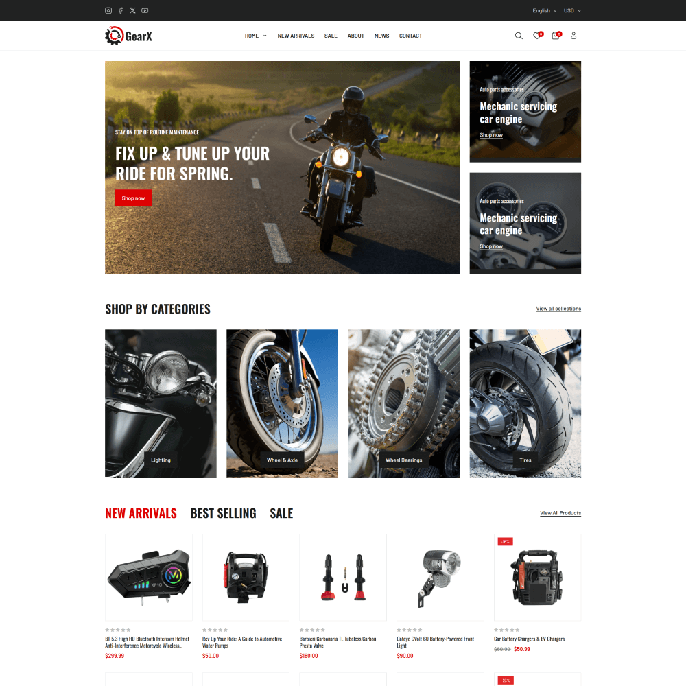Tema Nuvemshop Clean Store Motorcycle Parts para lojas de peças e acessórios para motocicletas