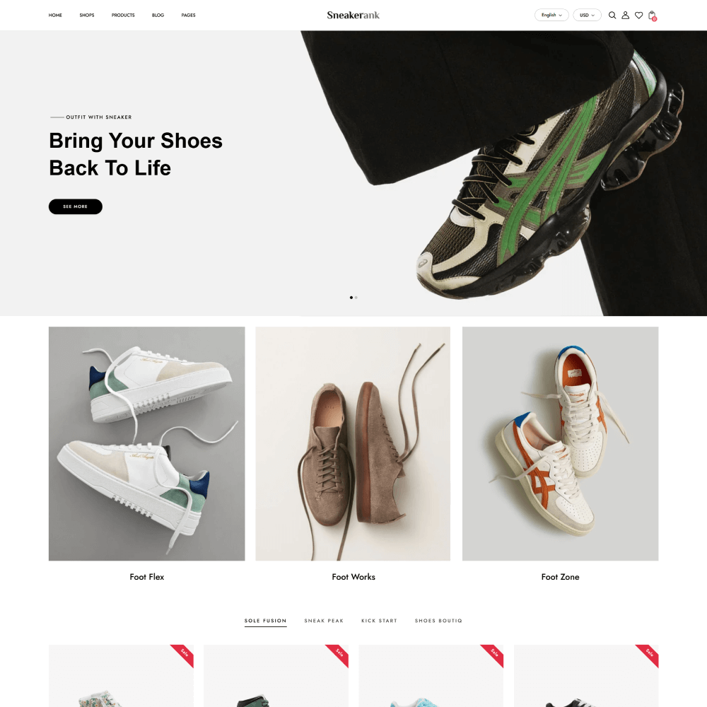 Tema Nuvemshop Clean Store Sneakers para lojas de tênis e calçados esportivos