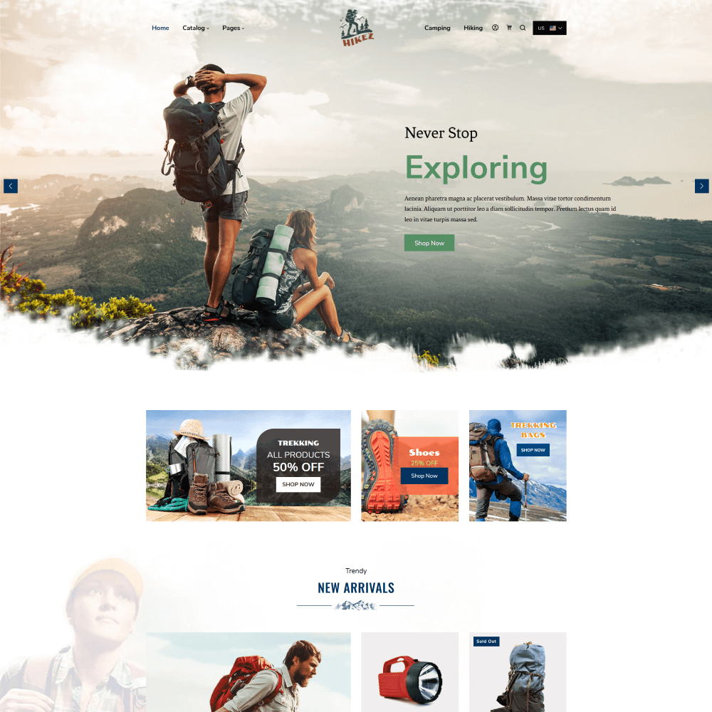Tema Nuvemshop Clean Store Outdoor Gear para lojas de equipamentos e roupas para atividades ao ar livre