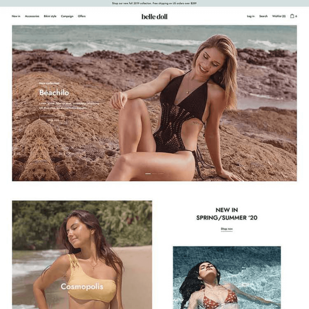 Tema Nuvemshop Clean Store Swimwear para lojas de moda praia com design limpo e moderno