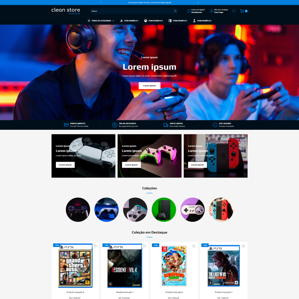 Tema Shopify para lojas de games com visual moderno e foco em gamers